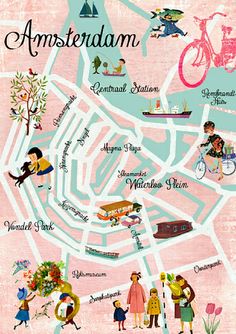 an illustrated map of amsterdam with people walking and riding bikes on it, in the middle of