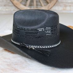 You will love this Twister bangora hat by M & F Western Products. It is complete with a braided hatband and a Twister hat pin. The unbeatable quality and durability of this hat are perfect for when you want to get dressed up, or just hanging out at the barn. Brim: 4-1/2" Crown: 4-3/8" Color - Black Straw Material - Bangora Straw Adjustable Ranch Cap, Western Style Black Panama Hat With Curved Brim, Black Western Panama Hat With Curved Brim, Western Style Black Panama Hat With Flat Brim, Western Style Black Flat Brim Panama Hat, Western Black Flat Brim Panama Hat, Western Straw Cap Hat For Outdoor, Western Black Panama Hat With Short Brim, Adjustable Black Hat Band For Kentucky Derby