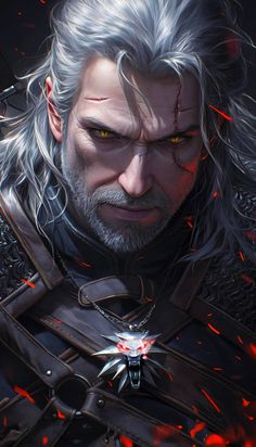 an image of a man with white hair and red eyes in the middle of his face