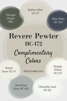 Revere Pewter by Benjamin Moore is a versatile, warm gray that complements a variety of colors. Hale Navy provides a bold, dramatic contrast, while Chantilly Lace and Simply White offer fresh, clean accents. Boothbay Gray and Balboa Mist add soft, calming tones for a balanced look. White Dove enhances the cozy warmth of Revere Pewter, and Vintage Vogue introduces a rich, sophisticated accent. These combinations work well in both modern and traditional spaces, creating a harmonious design. Revere Pewter Bedroom, Sherwin Williams Revere Pewter, Revere Pewter Paint, Benjamin Moore Bedroom, Balboa Mist, Hale Navy