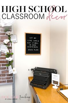 an old fashioned typewriter sitting on top of a desk next to a brick wall