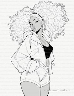 a black and white drawing of a woman with curly hair, wearing high waist shorts