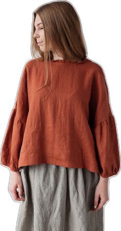 Solid Bohemian Linen Tops, Linen Lagenlook Blouse For Fall, Brown Linen Long Sleeve Blouse, Oversized Long Sleeve Ramie Tops, Oversized Bohemian Linen Tops, Bohemian Long Sleeve Linen Peasant Top, Fall Lagenlook Linen Tops, Brown Relaxed Fit Linen Blouse, Fall Linen Tunic Blouse