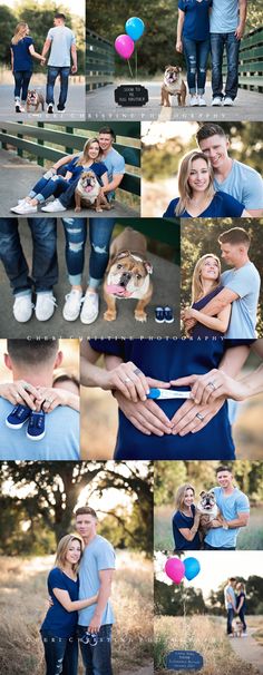 a collage of people holding their dogs and balloons in the air, with one dog being held by its owner