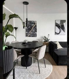 a living room filled with furniture and a black round table surrounded by potted plants