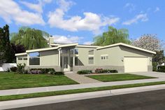 this is an artist's rendering of a house in the suburbs with grass and trees