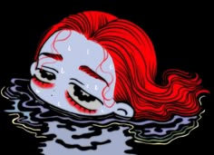 a drawing of a woman with red hair floating in the water, her eyes are closed