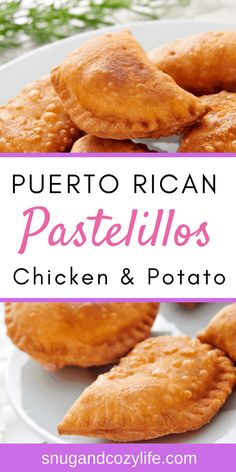 some fried pastries on a plate with the words puerto rican pastellos chicken and potato