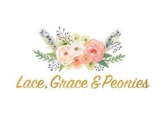 the logo for lace, grace & ponies is shown with flowers and feathers on it