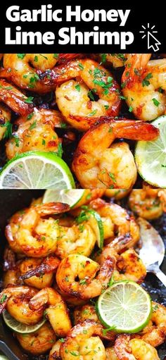 garlic honey lime shrimp in a skillet with lemon wedges