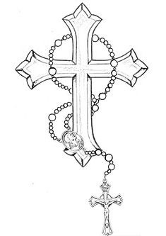 a cross with beads and a rosary hanging from it