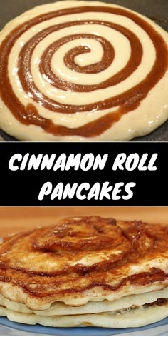 cinnamon roll pancakes on a pan with the title in the middle and bottom right corner