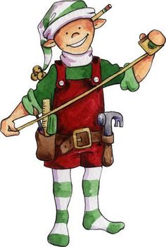 a drawing of an elf holding a wrench and wearing red overalls with green striped socks