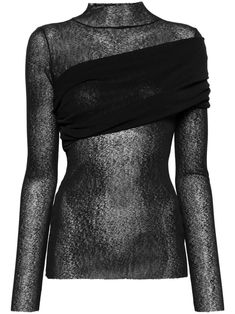 black stretch-design semi-sheer construction pleat detailing high neck long sleeves straight hem Black Turtleneck Mesh Top With Sheer Sleeves, Black Turtleneck Mesh Top For Party, Elegant High Neck Tops With Mesh Sleeves, Black Turtleneck Mesh Top For Night Out, Black Turtleneck Top With Sheer Sleeves, Fitted Mesh Top For Evening, Fitted Evening Mesh Top, Black High Neck Top With Sheer Sleeves, Sheer Turtleneck Top For Night Out