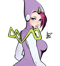 a cartoon character with pink hair and blue eyes wearing a purple outfit, holding a green arrow