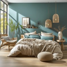 a bedroom with blue walls and wooden floors