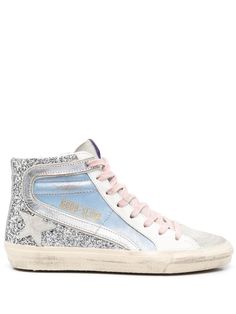 Slide glitter-detail high-top sneakers from Golden Goose featuring glitter detailing, signature star patch to the sides, side zip fastening, round toe, front lace-up fastening, branded insole, flat rubber sole, light blue, light pink and calf leather. | Golden Goose Slide glitter-detail high-top sneakers Golden Goose Slide, Sneakers Blue