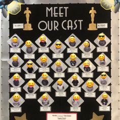 a bulletin board with many emoticions on it that says meet our cast in front of an oscar statue