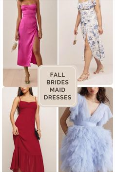 four different styles of dresses with the words fall brides maid dresses written below them