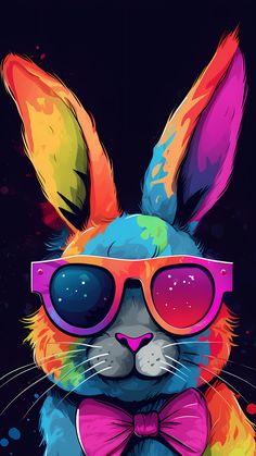 a rabbit wearing sunglasses and a bow tie with the colors of the world painted on it