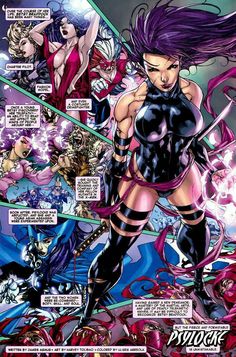 an image of a woman in the comics with purple hair and black clothes, surrounded by other