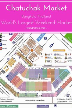 the world's largest weekend market in bangkok, thailand with text overlaying it