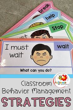 four classroom behavior posters with the words, i must wait and what can you do?