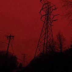 red sky with power lines and trees in the foreground