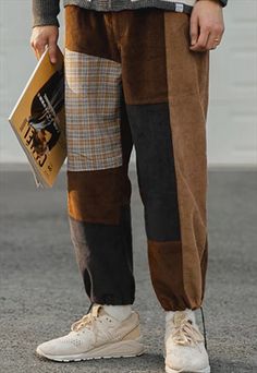 CORDUROY PATCHWORK STRAIGHT BROWN & BEIGE TROUSERS Corduroy Pants Patchwork, Trousers Sketch, Patchwork Outfit, Corduroy Patchwork, Streetwear Trousers, Patchwork Trousers, Patchwork Pants, Trousers Men, Outfits Retro