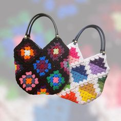 Crochet Granny Square Tote Bag with  Fabric Liner Both bags measure with a 9 inch strap drop, 12.5 inches wide, & 10 inches deep.  Bags come with snap-on straps made of PU leather. The multicolored bag with black edging comes with black straps and is lined in sugar skull fabric. The rainbow colored bag with white edging comes with navy blue straps and is lined with pink & white speckled/plaid fabric.   *This is an actual bag, ready to ship, not just the pattern. Multicolor Rectangular Bucket Bag With Adjustable Strap, Multicolor Square Hobo Bag For Travel, Multicolor Square Bag With Adjustable Strap, Retro Multicolor Hobo Tote Bag, Multicolor Handheld Hobo Bag For Everyday Use, Multicolor Handheld Hobo Bag For Shopping, Retro Multicolor Tote Hobo Bag, Multicolor Handheld Hobo Bag For Daily Use, Handheld Multicolor Hobo Bag For Shopping