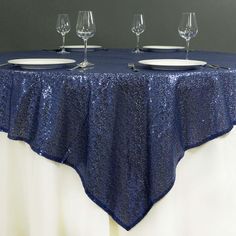 Catering Dinner, Diamonds And Denim Party, Navy Tablecloth, Square Overlay, Blue Wedding Decorations, Denim Party, Starry Night Wedding, Sequin Tablecloth, Sequin Table