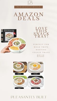 an ad for amazon's love this tray with different types of food in it