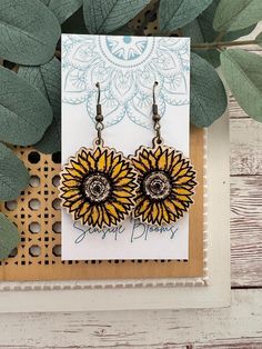 Boho style Wood mandala sunflower earring  hand painted lightweight wood nickel free posts Bohemian Yellow Sunflower Earrings, Bohemian Sunflower Design Flower Earrings As Gift, Bohemian Sunflower Earrings As Gift, Bohemian Sunflower Earrings For Gift, Bohemian Sunflower Design Earrings For Gift, Bohemian Sunflower Drop Earrings, Mandala Sunflower, Sunflower Earring, Wood Mandala