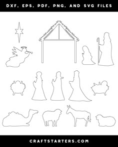 the nativity scene is outlined in black and white, with outlines for each piece