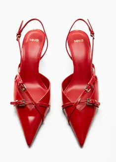 Leather heeled slingback shoes with buckles - Women | Mango USA Mango Heels, Madame Red, Red Kitten Heels, Slingback Kitten Heels, Red High Heels, Womens Stilettos, Fancy Shoes, Slingback Shoes, Red Heels