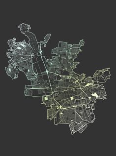 a map of the city of london in green and yellow on a black background with white lines