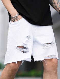 Loose Men's Ripped Frayed Raw Hem Denim Shorts Baggy Distressed Jorts80 80S Plain All White Vacation Fashion Rapper White    Denim Plain Wide Leg Non-Stretch  Men Clothing, size features are:Bust: ,Length: ,Sleeve Length: Couples Trip, Plus Size Summer Casual, Jean Short Outfits, Jeans Outfit Men, Mens Denim Shorts, Bermuda Jeans, Men Plus Size, Shorts Denim, Plus Size Summer