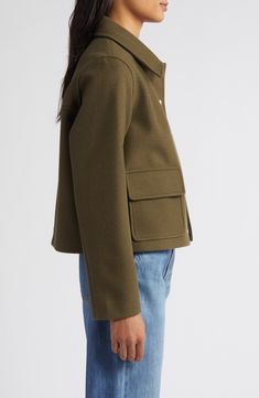 An olive hue underscores the utility aesthetic of this cropped jacket finished with oversized patch pockets and shining logo-engraved snaps. 22" length (size Medium) Front snap closure Spread collar Front flap-patch pockets Unlined 92% polyester, 8% rayon Dry clean Imported Green Outerwear With Patch Pockets For Fall, Casual Solid Pea Coat With Pockets, Casual Pea Coat With Pockets, Khaki Cropped Jacket With Pockets For Work, Utility Cropped Jacket With Pockets For Work, Khaki Pea Coat With Pockets For Spring, Khaki Outerwear With Flap Pockets For Fall, Khaki Fall Outerwear With Patch Pockets, Fall Khaki Outerwear With Flap Pockets