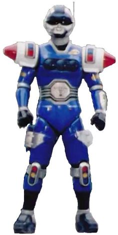 a blue and white robot is standing in front of a white background with the words power rangers on it