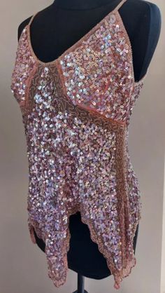 Vintage Y2K 90s pink sequinned camisole top shimmer shiny summer blouse asymmetric bottom hem with v cut hem  LOOK size M very good condition 90s Y2k Fashion, Look Rose, Club Tops, Pink Sparkly, Rose Vintage, Summer Blouses, V Cuts, Summer Top, Y2k Fashion