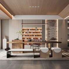 a modern dining room with wood paneling and white chairs