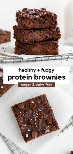 chocolate brownies stacked on top of each other with text overlay that reads, healthy + fugly protein brownies vegan & dairy - free