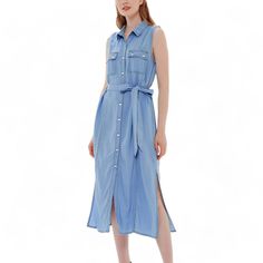 Elevate your casual chic style with our Anna-Kaci Women's Sleeveless Jean Shirt Dress. Crafted from lightweight and soft denim fabric, this dress features elegant details such as a button-down front placket, tied waist belt, and turn-down collar for a timeless fashion statement. Sleeveless Denim Shirt, Jean Shirt Dress, Shirt Dress With Pockets, Female Features, Blue Denim Dress, Jean Shirt, Midi Shift Dress, Ballet Dress, Mini Skater Dress