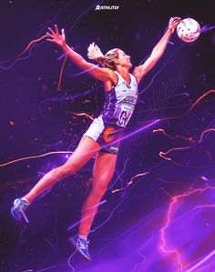 a female basketball player jumping up to dunk the ball in front of purple lights