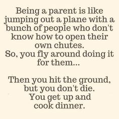 a quote that reads being a parent is like jumping out a plane with a bunch of people who don't know how to open their own chutes