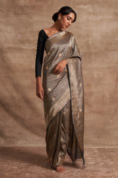 Charcoal handloom saree with Kadhua brocade in zari work, zig-zag border, fringe pallu and astral motifs.
Components:1

Fabric:Base Fabric Pure Silk
Color:Grey
Crafts used Jaal, Ektara, Vaskat and Kadhua
Note: Blouse worn by the model is not for sale - Aza Fashions Saree For Women, Gray Silk, Fashion App, Handloom Saree, Sarees Online, Aza Fashion, Pure Silk, Fashion Inspo Outfits, Gray Color