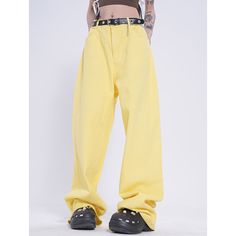 5ft 5''(166cm) tall, 97 lbs(44kg) weight and wearing a size M163cm/44kg wearing a size M - Wide straight fit- Cotton- Drape style- 3 colors Baggy Full-length Work Pants With Belt Loops, Yellow Straight Leg Jeans For Streetwear, Yellow Full Length Pants With Pockets, Yellow Straight Leg Bottoms With Pockets, Baggy Yellow Pants For Streetwear, Yellow Baggy Pants For Streetwear, Yellow Relaxed Fit Bottoms For Streetwear, Yellow Baggy Trousers, Straight Pants