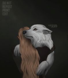 a drawing of a woman hugging a white dog with long hair on her head and the caption do not repost print edit