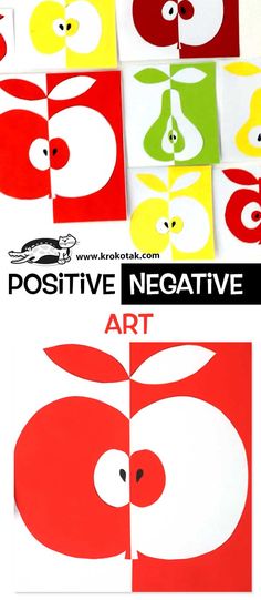 an apple cut out into squares with the words positive negative art