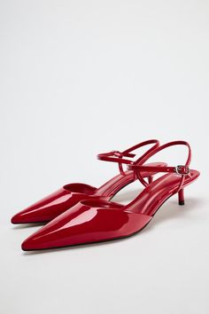 SLINGBACK FAUX PATENT KITTEN HEELS - Red | ZARA United States Red Kitten Heels, Slingback Kitten Heels, Blazers Shoes, Joggers Shoes, Kitten Heel Shoes, Leather Finish, Slingback Shoes, Red Heels, Tshirt Skirt